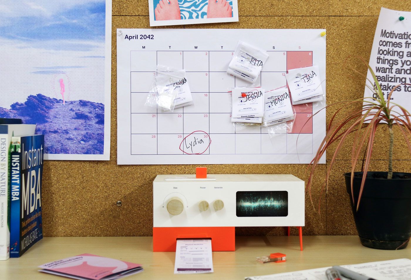 The Combinator sits on a desk below a calendar showing names and hair samples from several dates